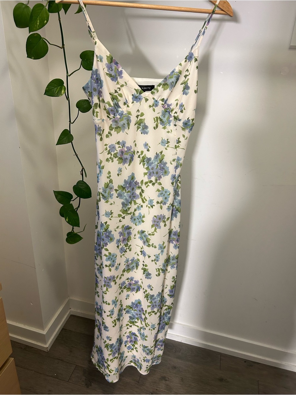 Dynamite Cream Maxi Slip Dress with Blue Floral Print